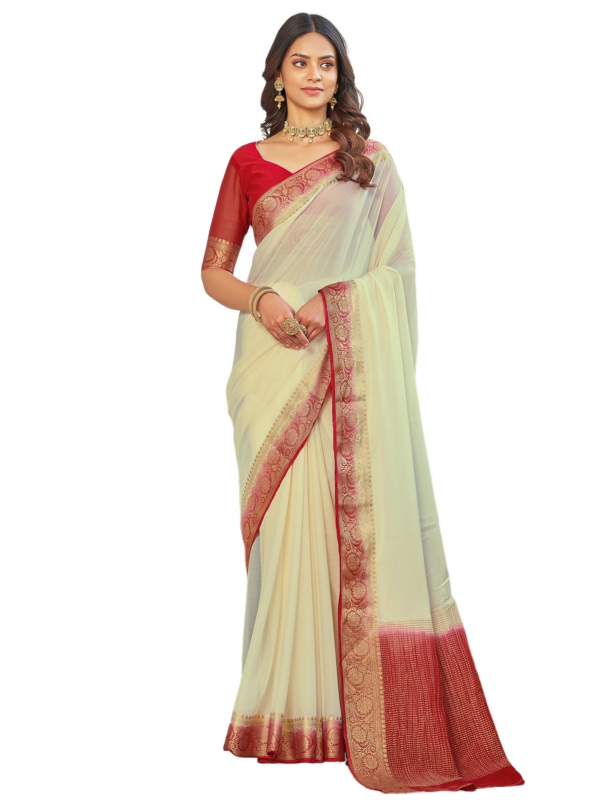 Satrani Women Silk Blend Chinnon Weaving Border Saree With Unstitched Blouse Piece (4247S621N_Cream & Red)