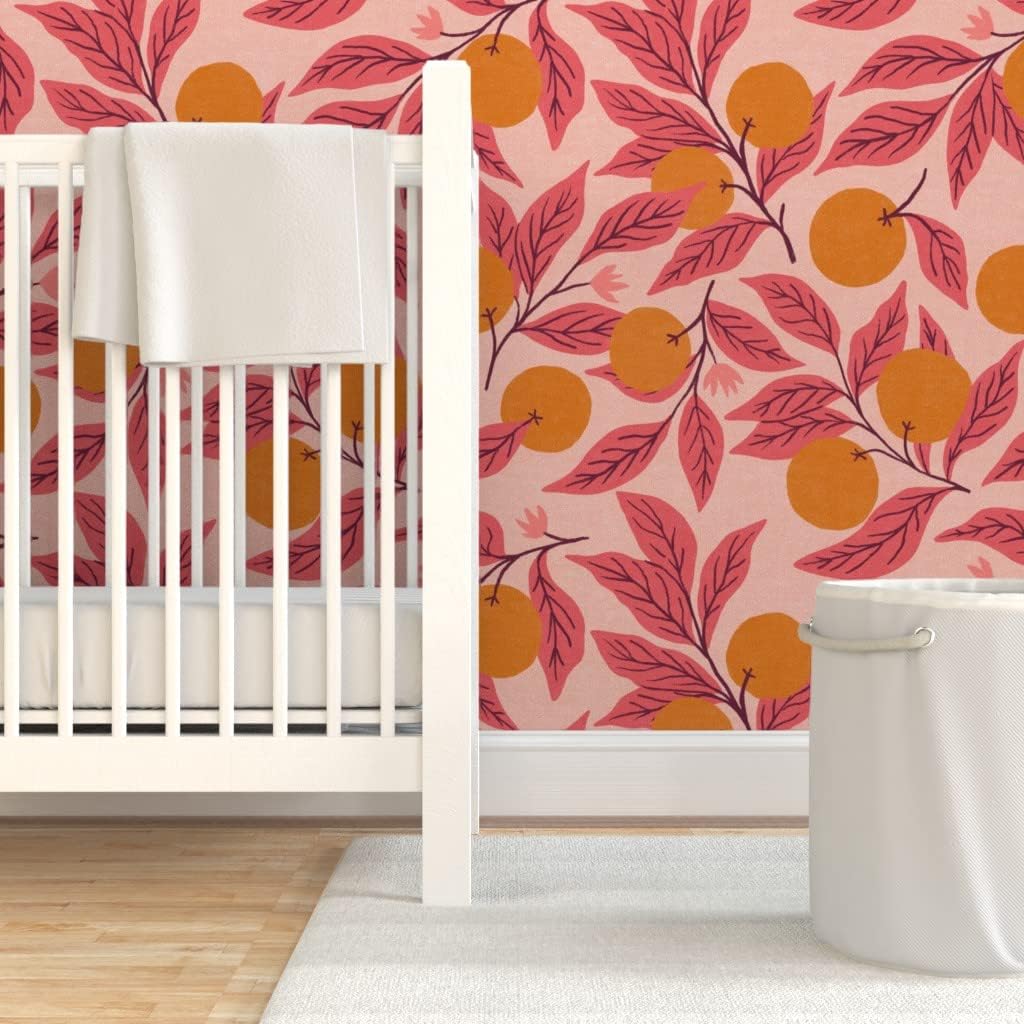 Peel & Stick Wallpaper 12ft x 2ft - Oranges Fruit Pink Citrus Bohemian Orchard Boho Summer Feminine Custom Removable Wallpaper by Spoonflower