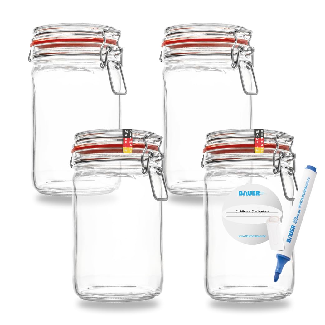 Flaschenbauer - 4-teiliges Set Drahtbügel-Vorratsgläser 1150ml, geeignet als Einmach- und Fermentierglas, zur Aufbewahrung, zum Befüllen, inklusive Etiketten, Gläser mit Drahtbügel - Made in Germany
