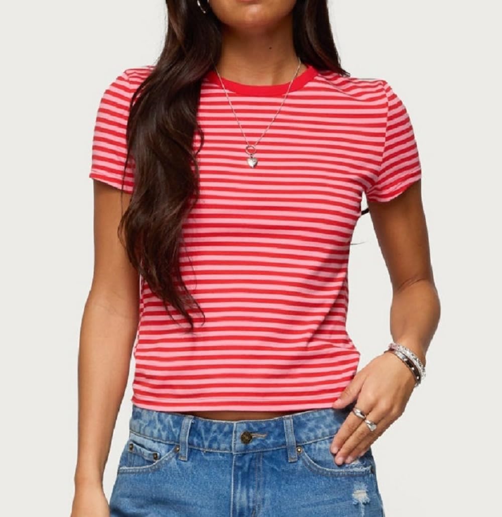 Women Striped Baby Tees Short Sleeve Slim Fit Shirt Vintage Crew Neck Crop Tops Y2k Going Out Top Streetwear - Image 2