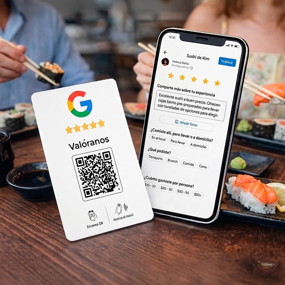 Pack Placa Reseñas en Google NFC y QR + 2 Tarjetas NFC Reseñas en Español | Incluye APP para Responder Reseñas con IA