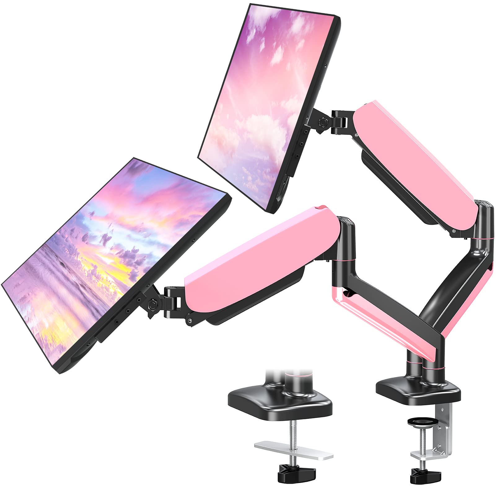 MOUNTUP Dual Monitor Desk Mount, Adjustable Gas Spring Monitor Stand for Two 17-32 Inch Computer Screen, 75x75/100x100 VESA Mount with Clamp and Grommet Mounting Base, Each Arm Holds 4.4-17.6lbs, Pink