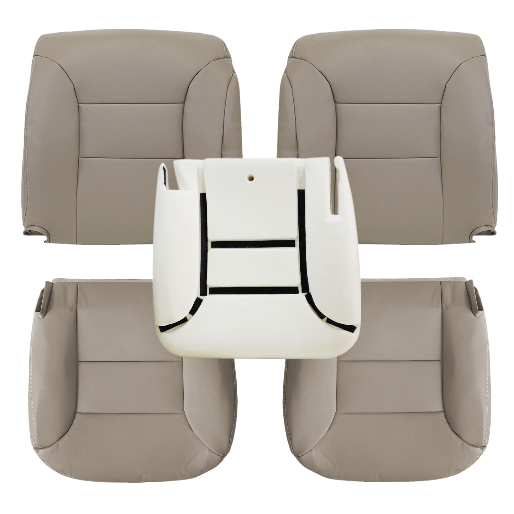 NLQR Driver & Passenger Bottom & Top Lean Back Replacement Seat Covers & Driver Foam Cushion Med Neutral Tan #522 Compatible with Chevy Silverado Tahoe Suburban Sierra Yukon 1995 1996 1997 1998 1999