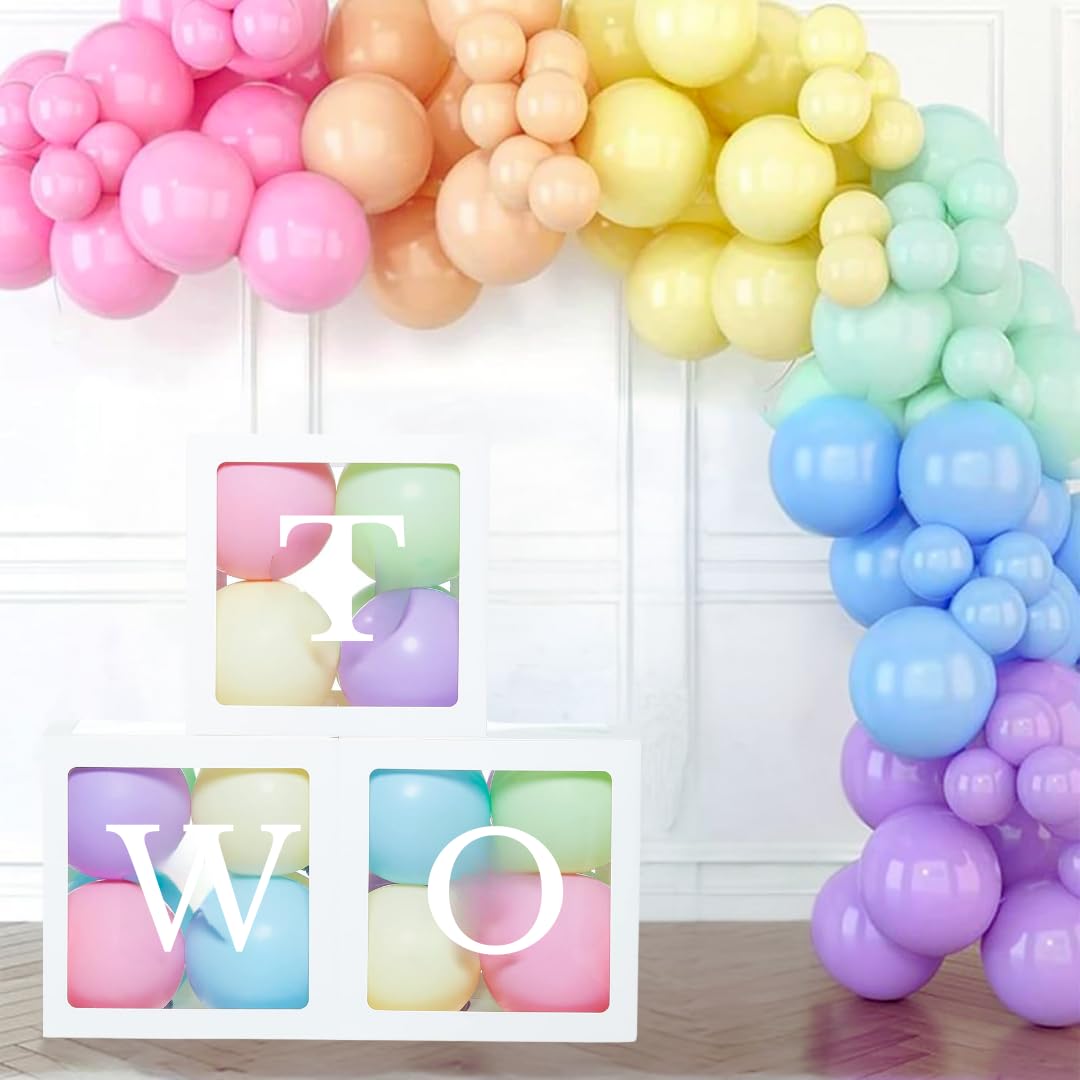 'TWO' Balloon Box Set - Stylish Lettered Decor for second Birthday & Aniversary Celebration (TWO Birthday Box) 28 pcs set 2nd Birthday & second Anniversary (Pastel Rainbow),Paper