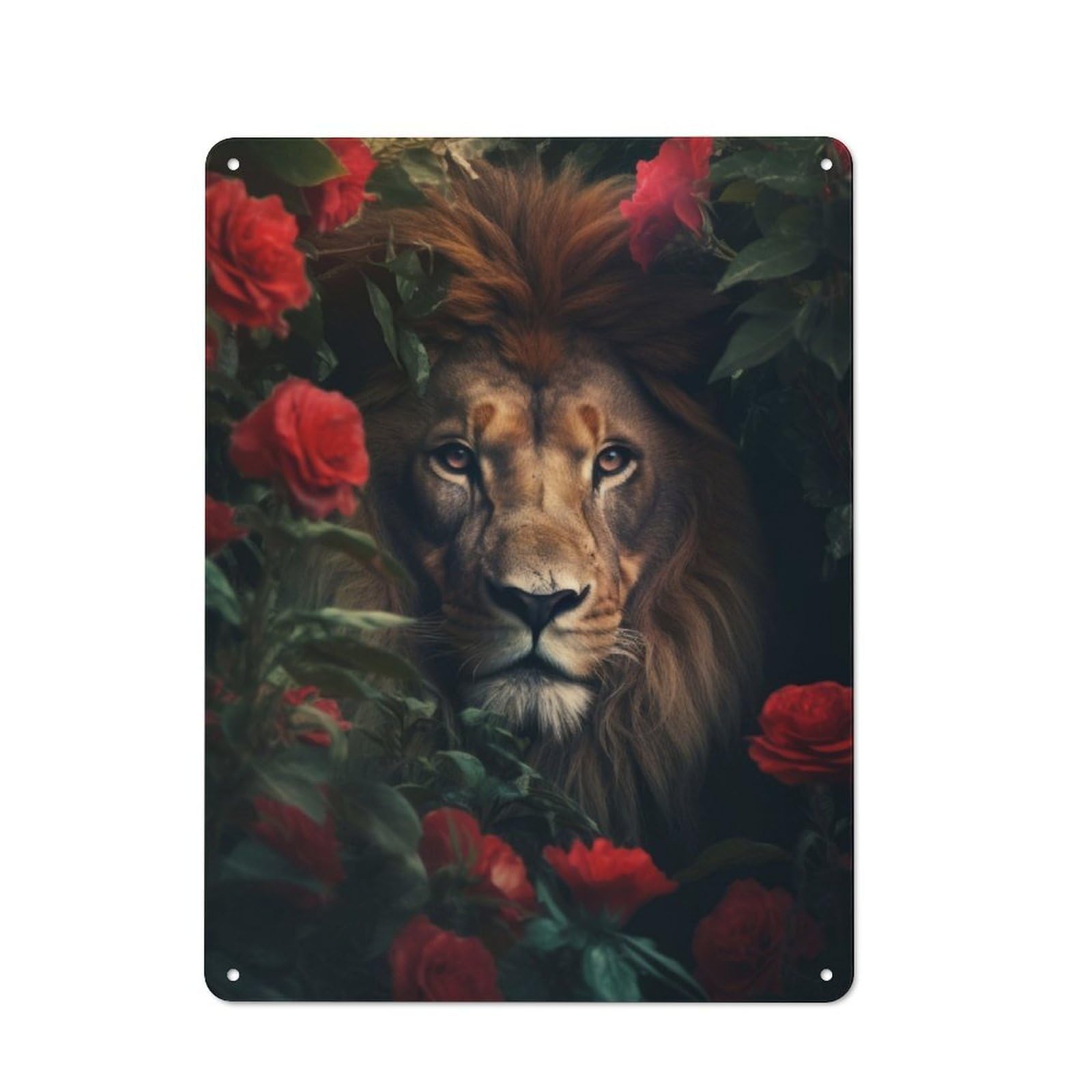 Lion Jungle Red Flowers Character Metal Wall Decor 40x30cm, Vintage Metal Sign for Home, Shop, Pub Or Studio Wall