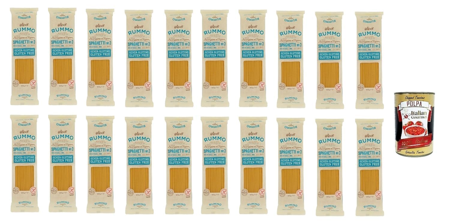 Italian Gourmet Spaghetti Nr.3 Pasta senza glutine glutenfrei 20 x 400g | Aus Mais und Vollkornreis, formato lungo tradizionale, adatta per celiaci e, Gesamtnettogewicht 8 kg + Kostenlos Polpa 400g