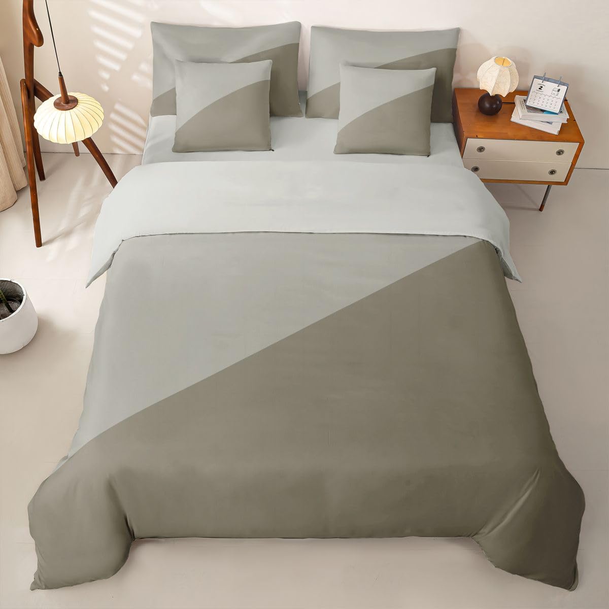 Homewish Oliv Taupe und Salbei Grau Bettwäsche Set 7teilig 220x240