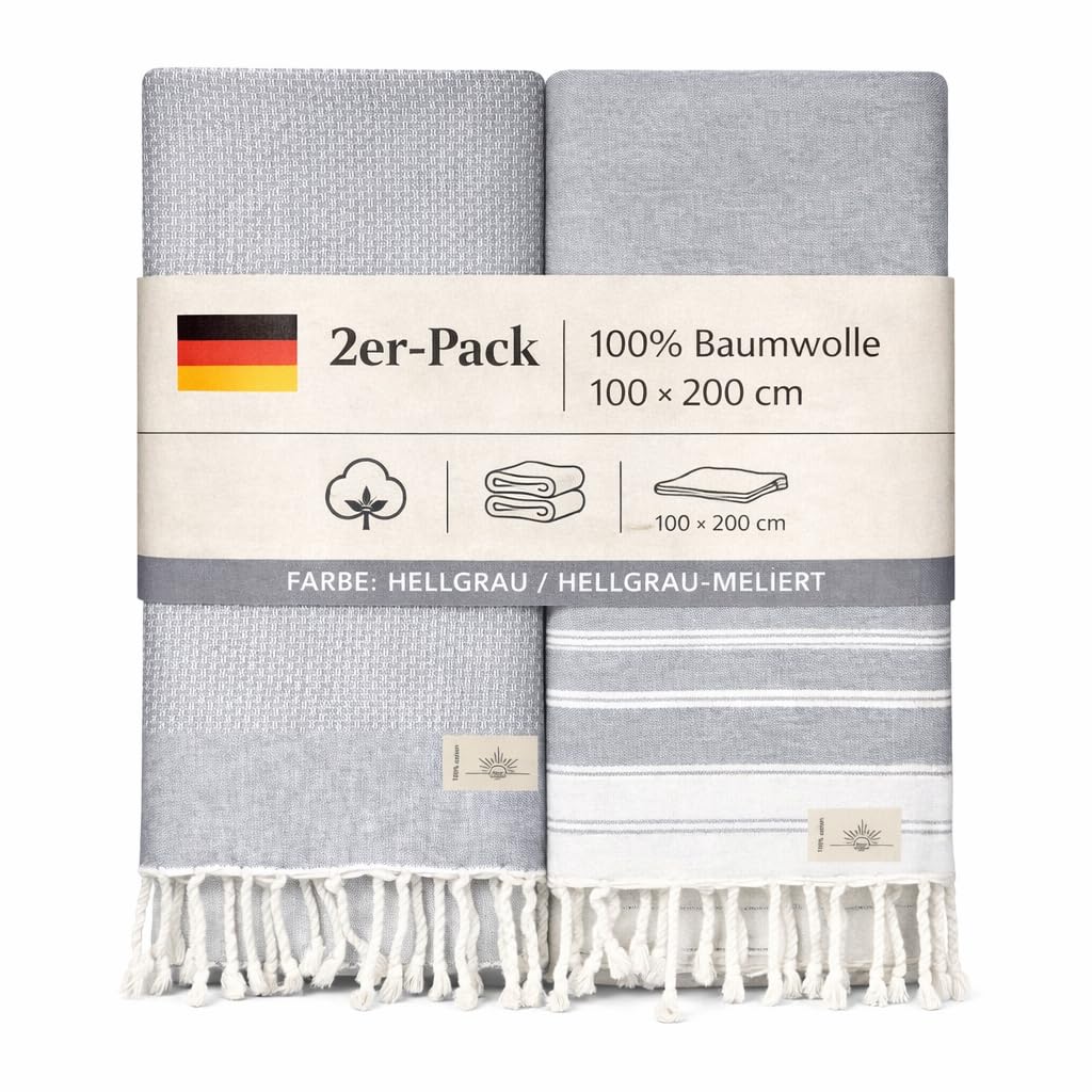 NOUR Hamamtuch Strandtuch | 2er Pack | groß 100x200 cm | aus 100% Baumwolle | Picknickdecke | Saunatuch | Extra leicht | saugstark | schnelltrocknend | Sandfrei (grau)