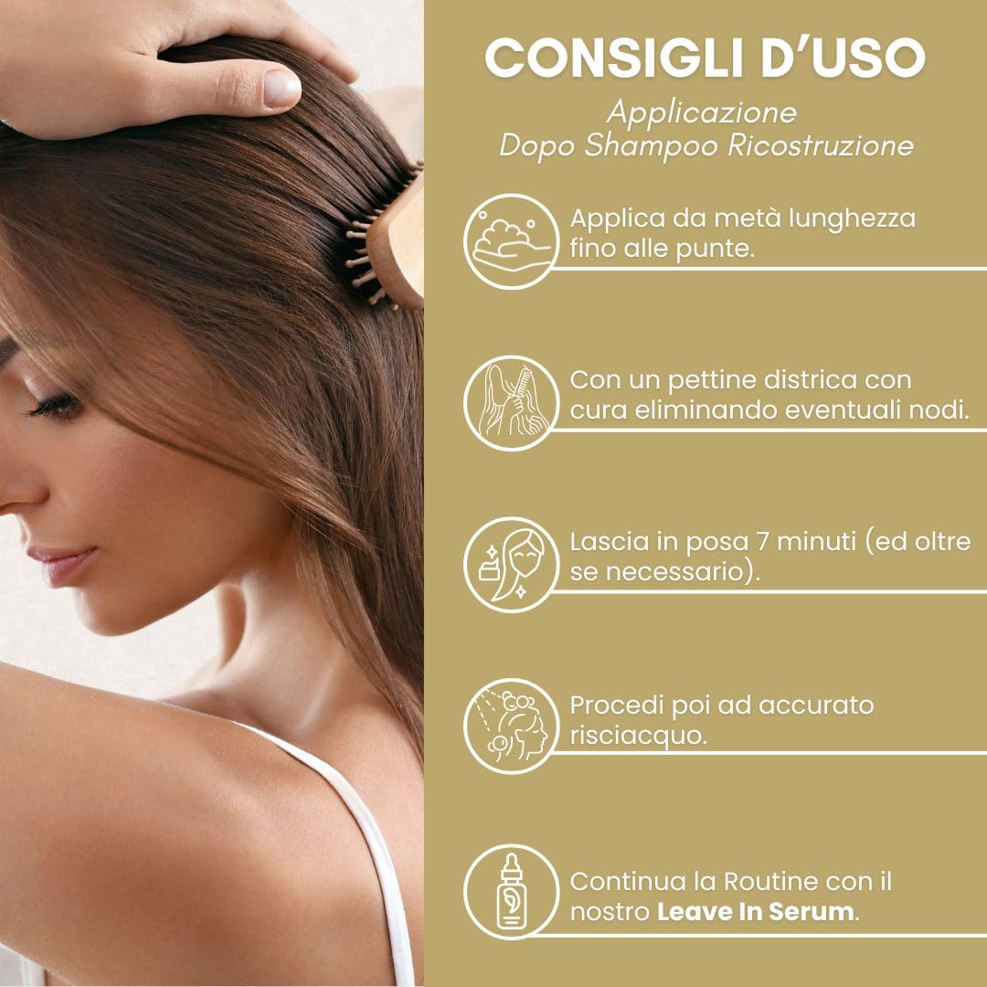 Beauxury Milano Maschera Ricostruzione da 500 ML alla Bava di Lumaca e Acido Ialuronico per Capelli Danneggiati, Crespi e Aridi ad Azione Riparatrice per Danni da Tintura, Decolorazione e Permanente