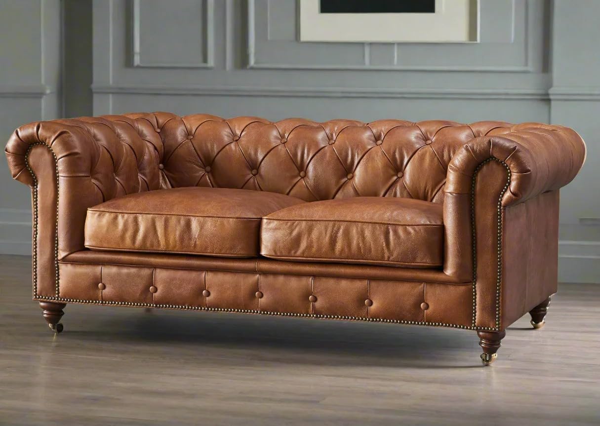 Chesterfield Leatherette Sofa Seater for Living Room, Button Tufted Single Seater Armchair, Solid Wood Frame & Wooden Legs, Brown Leather Sofa Chair for Home & Office | (2 Seater)-image-0