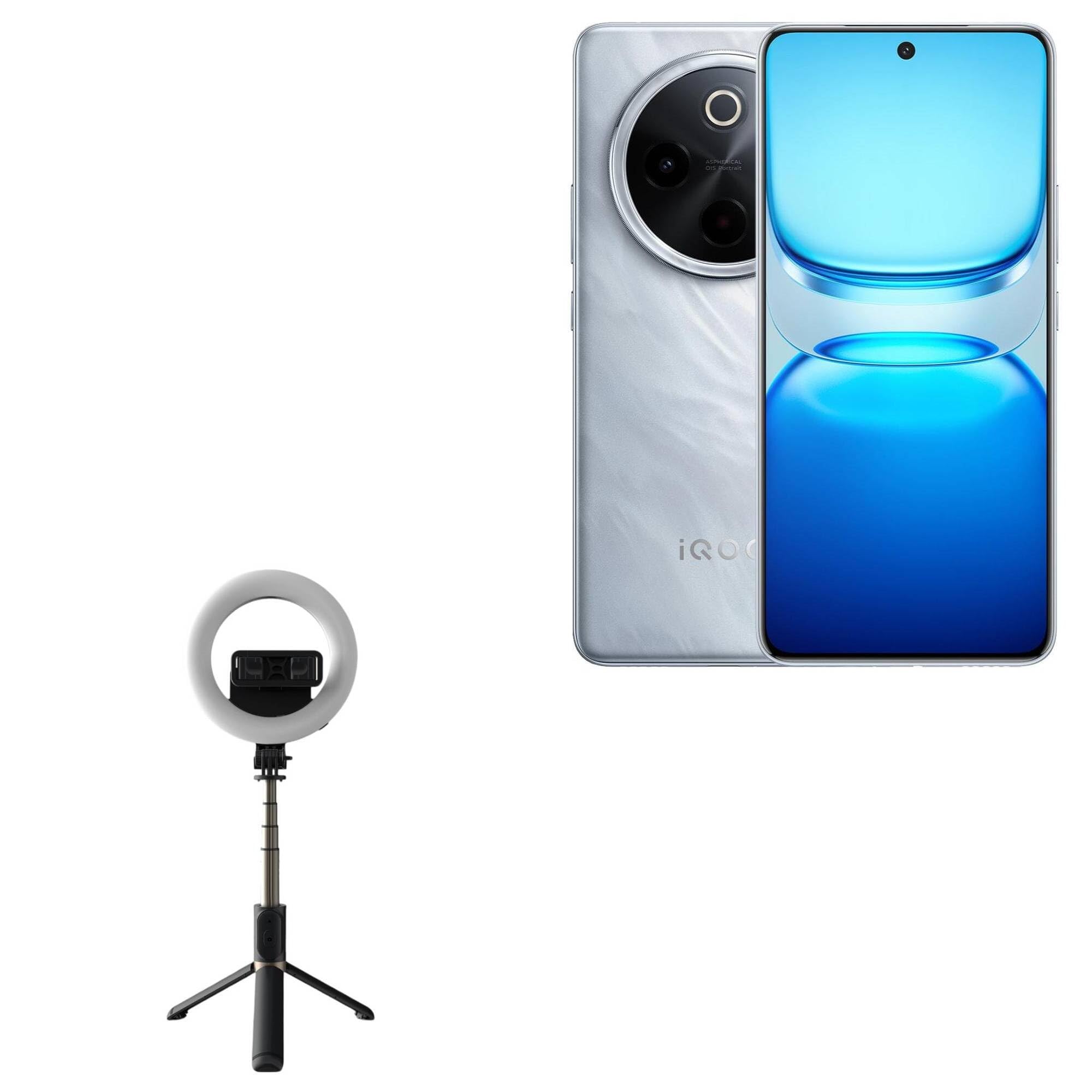 BoxWave Stand and Mount Compatible with vivo iQOO Z10 - RingLight SelfiePod, Selfie Stick Extendable Arm with Ring Light - Jet Black