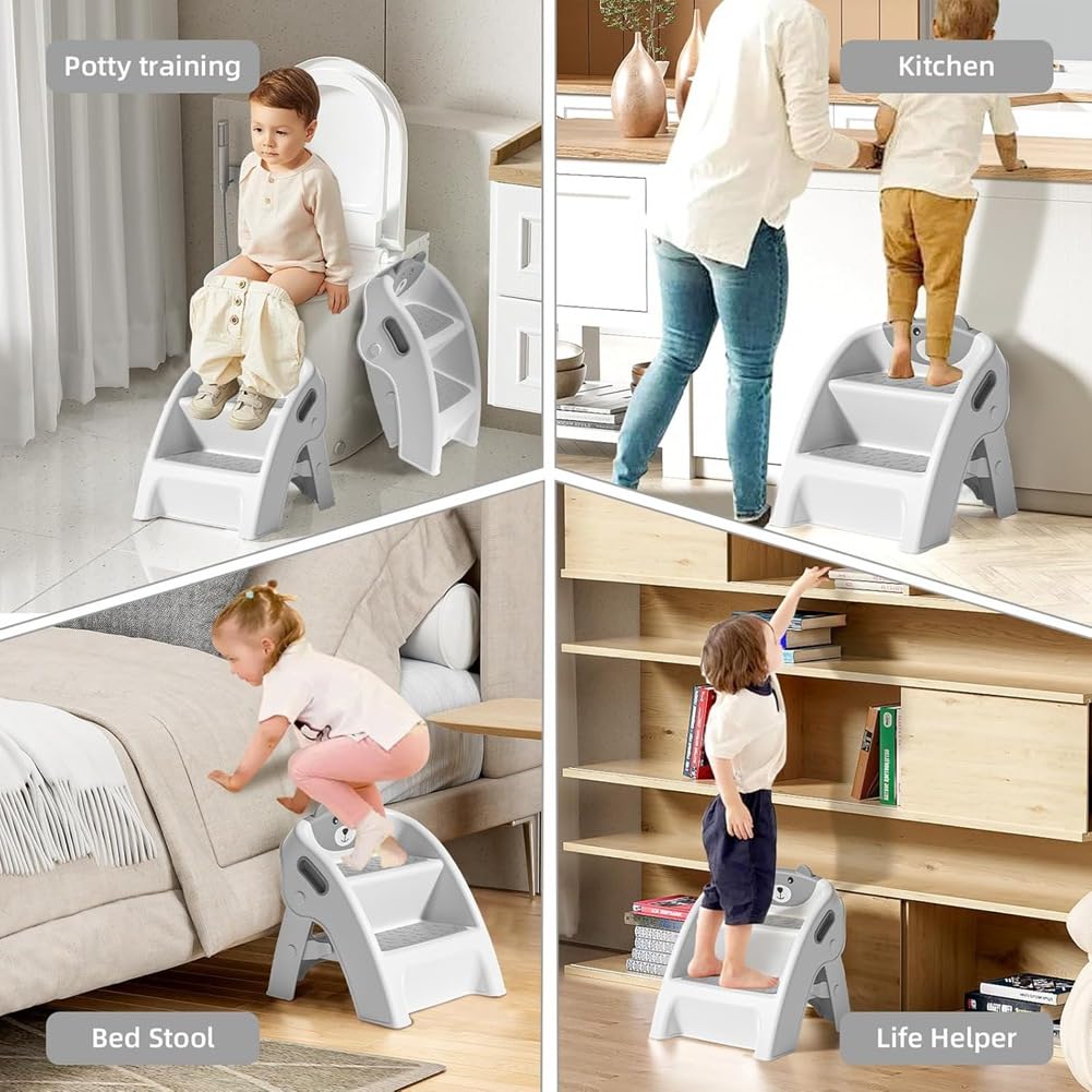 Klappbarer Tritthocker im A-Rahmen-Design mit Anti-Rutsch- und Kippschutz - in Nur 10 Sekunden Aufgebaut. Ideal für Bad und Töpfchentraining.