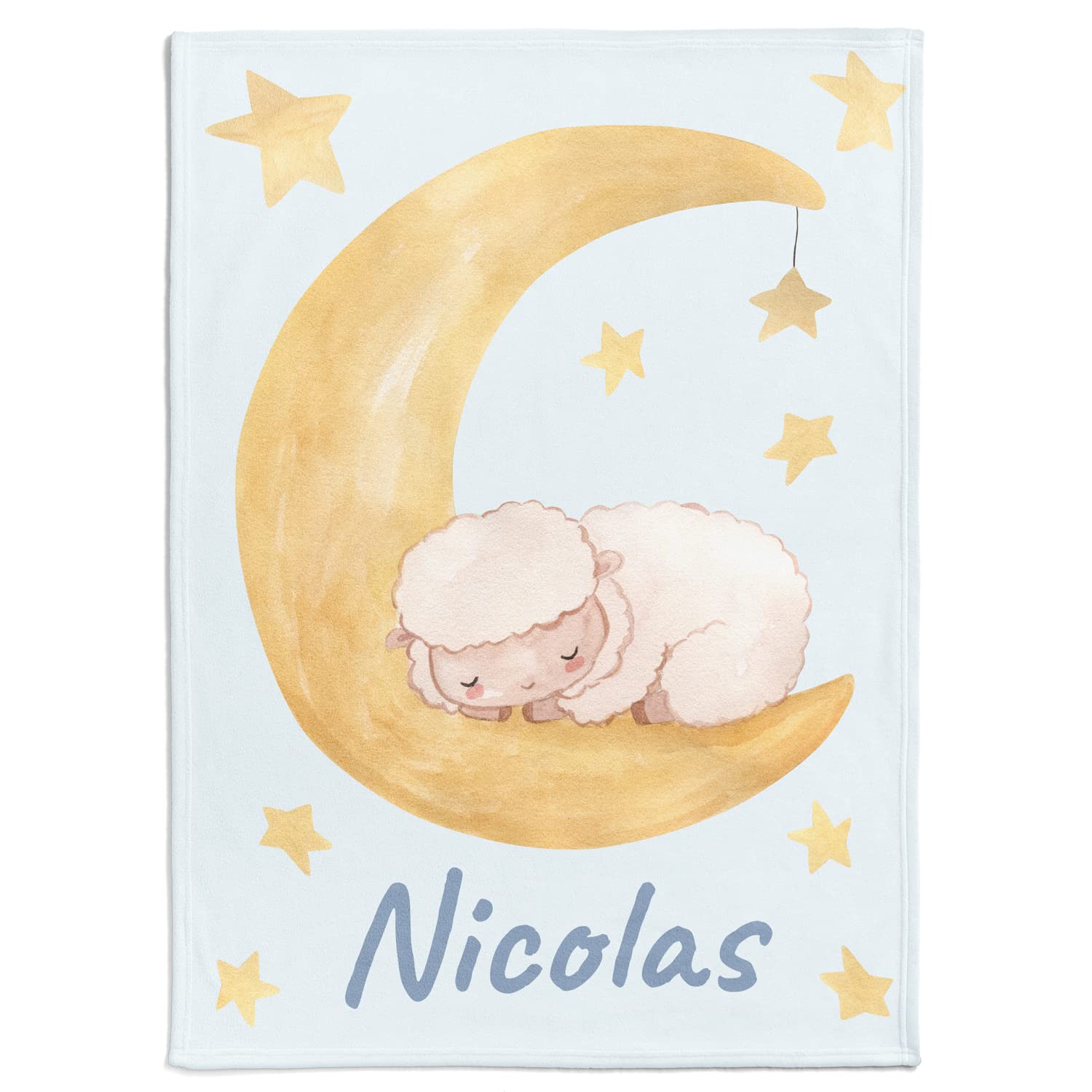 Personalisierte Babydecke Kinderdecke mit eigenen Namen, Schaf- und Mondmotiv & Farbauswahl | Individuelle Baby Decke Namensdecke mit Schaf Motiv (Schaf mit Mond), 80 x 110 cm
