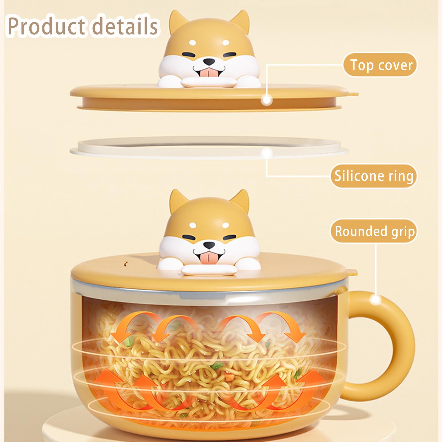Ramen - Ciotola per pasta, 1200 ml, ciotole per zuppa con maniglie, ciotola per servizio istantaneo portatile con coperchio e cucchiaio, ciotola per pasta istantanea con coperchio per zuppa