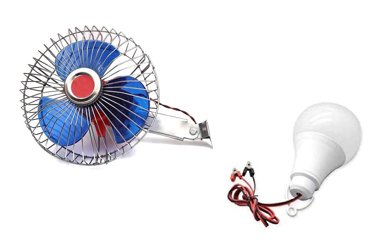 SP One For All Combo of 12v DC Car Fan 6 Inch with Switch and Wiring 12V DC Car Interior Fan with 12v DC 9 Watt LED Bulb