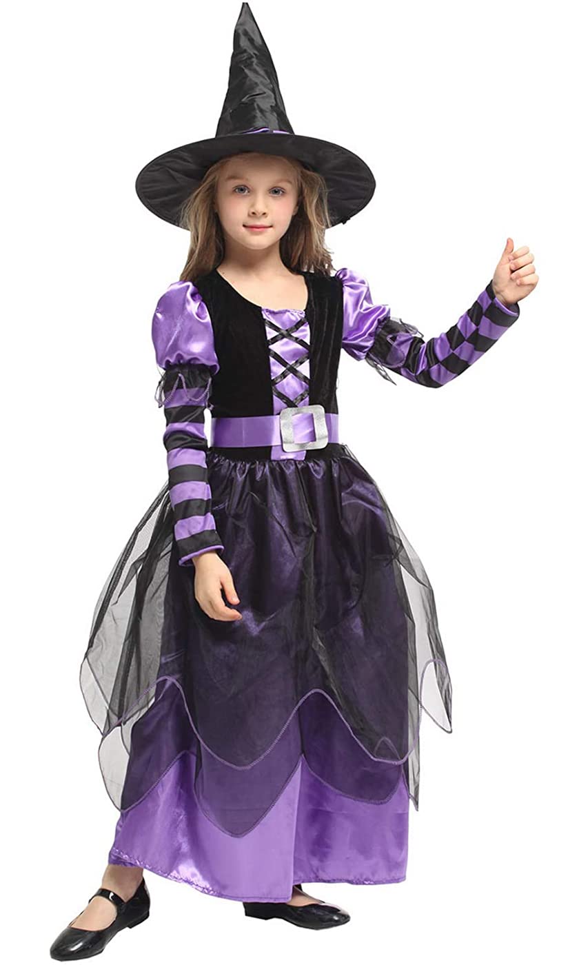 Mädchen Hexenkostüm Lila Mit Hut - Halloween Verkleidung Für Kinder 4-10 Jahre