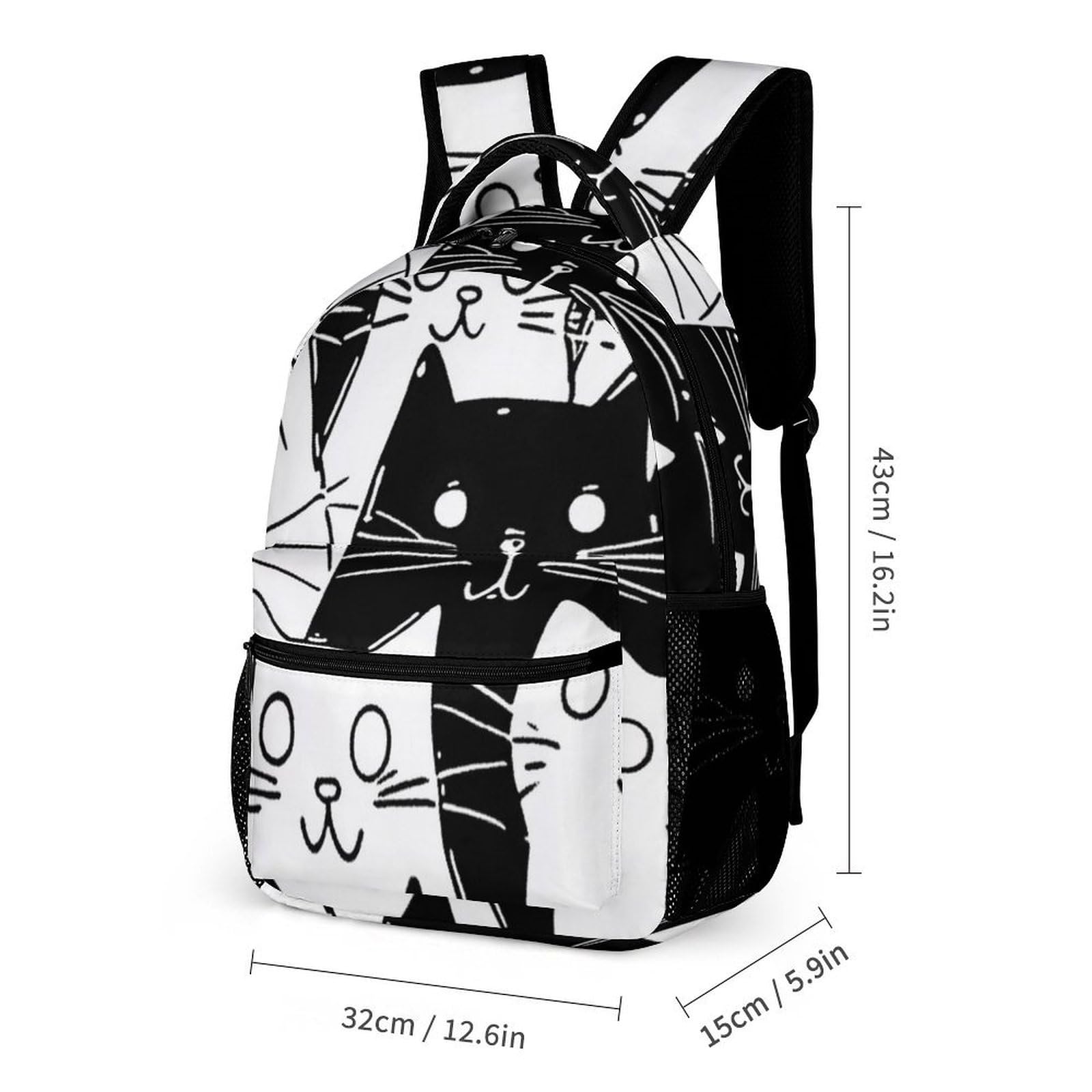 Conjunto de mochila con lonchera, neceseres, bolso de hombro y bolso cosmético con diseño de gato de dibujos animados en blanco y negro.