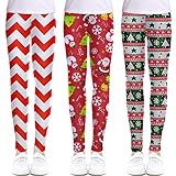 Arshiner Christmas Leggings for Girl 3 Pack Leggings Solid Pant for School/Holiday Christmas Printed & Striped 8-9 Years