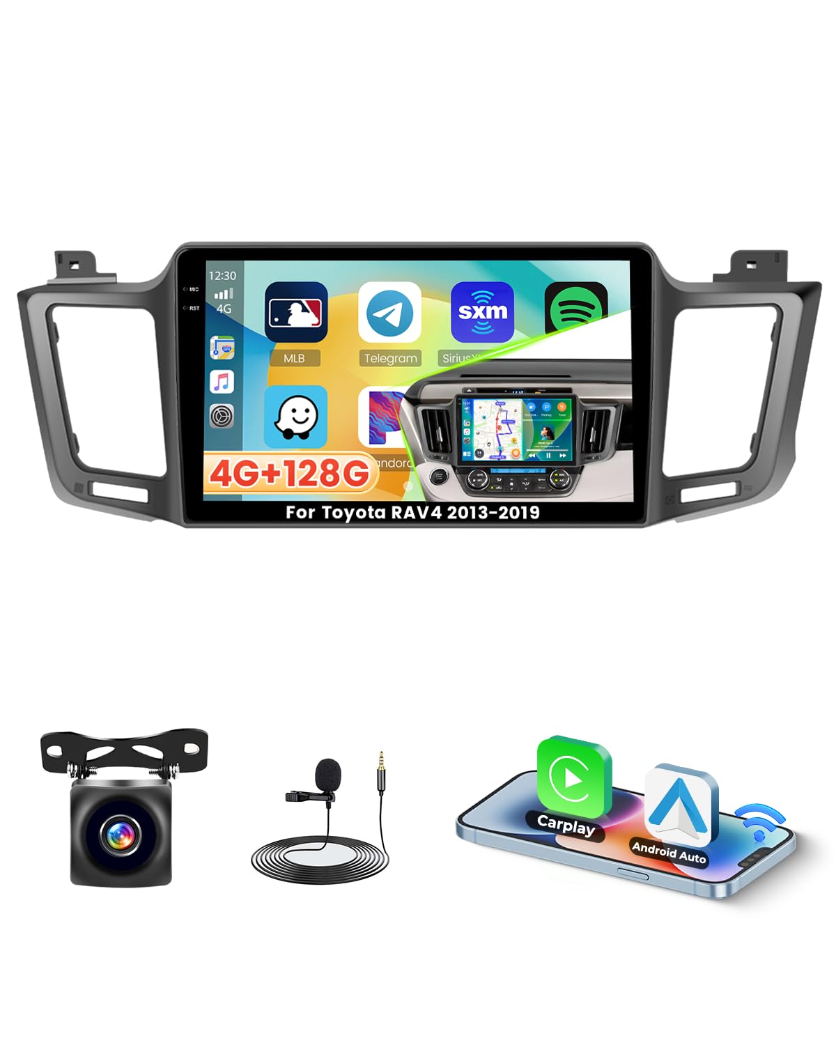 Roinvou 4G+128G Android 15 Radio samochodowe dla Toyota RAV4 2013-2019 bezprzewodowy Carplay Android Auto, 10'' ekran dotykowy z lustrem Link GPS Bluetooth FM RDS WiFi EQ SWC Kamera cofania
