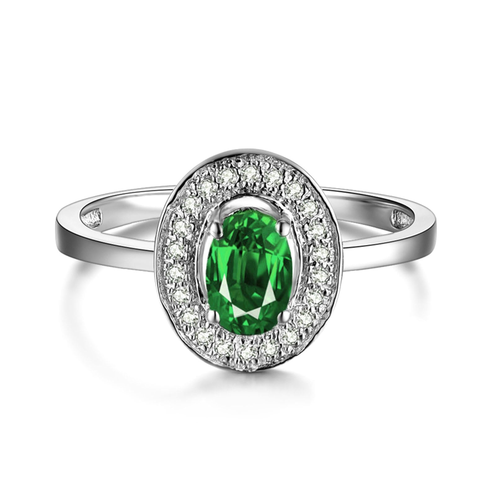Anillo de compromiso de platino para mujer, talla H 1/2-V 1/2, anillos de boda halo con esmeralda ovalada de 1 ct y moissanita