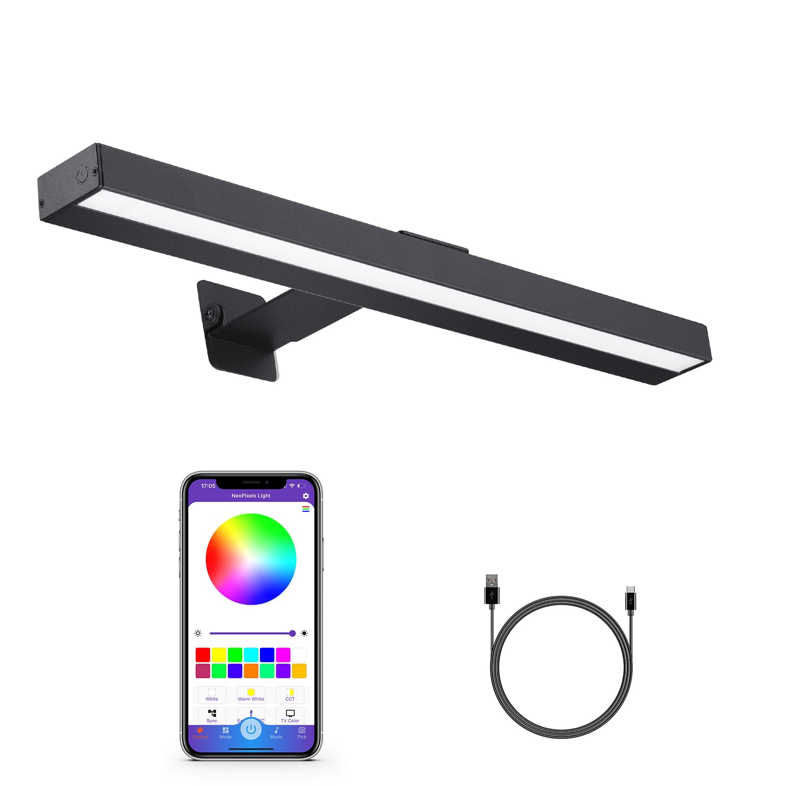 Wireless Picture Light, 16" Metal Rechargeable Painting Light Display Lamp with APP Music Sync Multi Dynamic Modes Dartboard, Timer Dimmable Artwork Light for Frame Portrait, Black