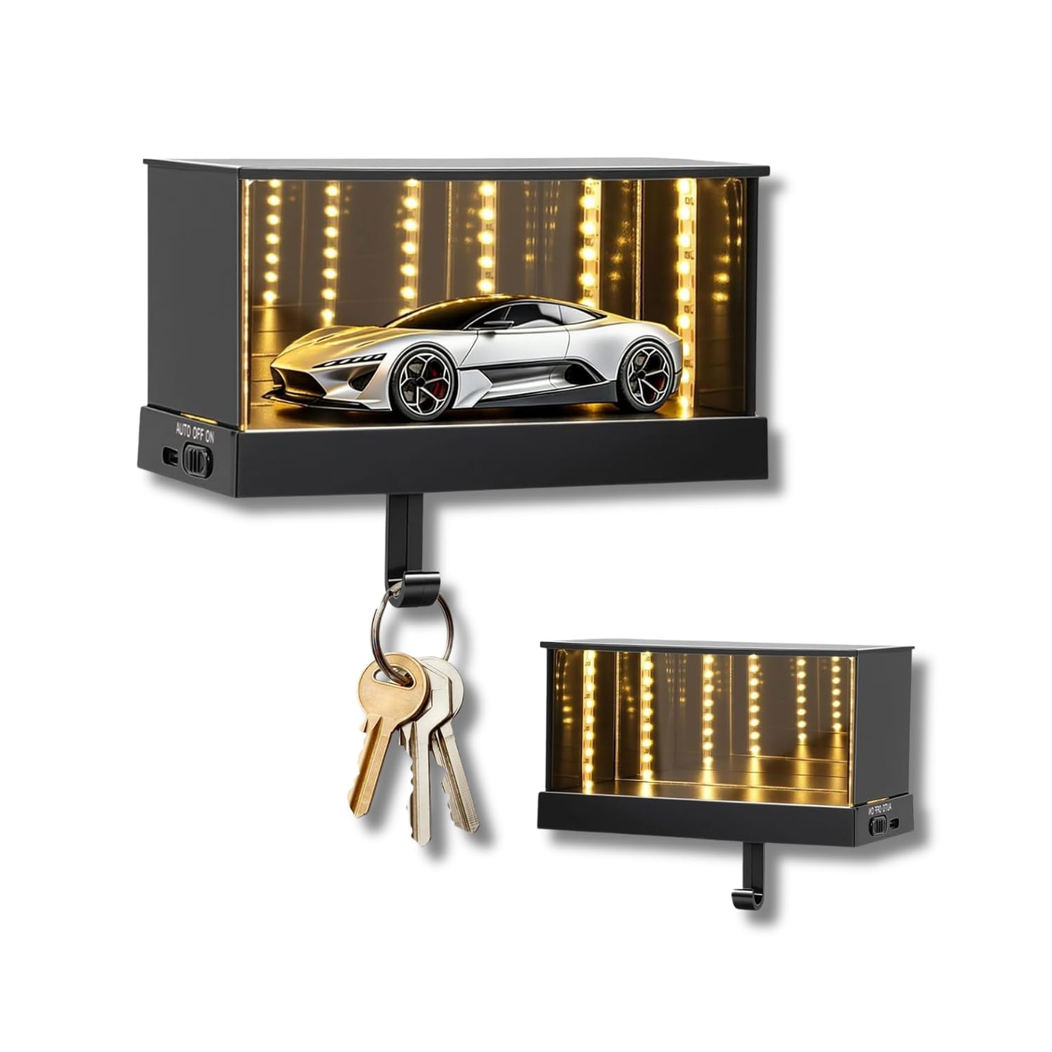 RetroGoods LED Lighted Display Case Key Holder with Infinity Mirror Effect, Wall Mounted Collectible Showcase Box for Model Cars, Diecast Vehicles, Keys and Small Collectibles-image-35