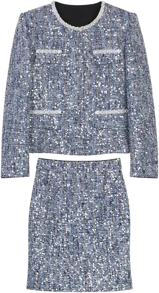Women Jacket Skirt Two-Piece Suit Pearl Sequin Two-Piece Set