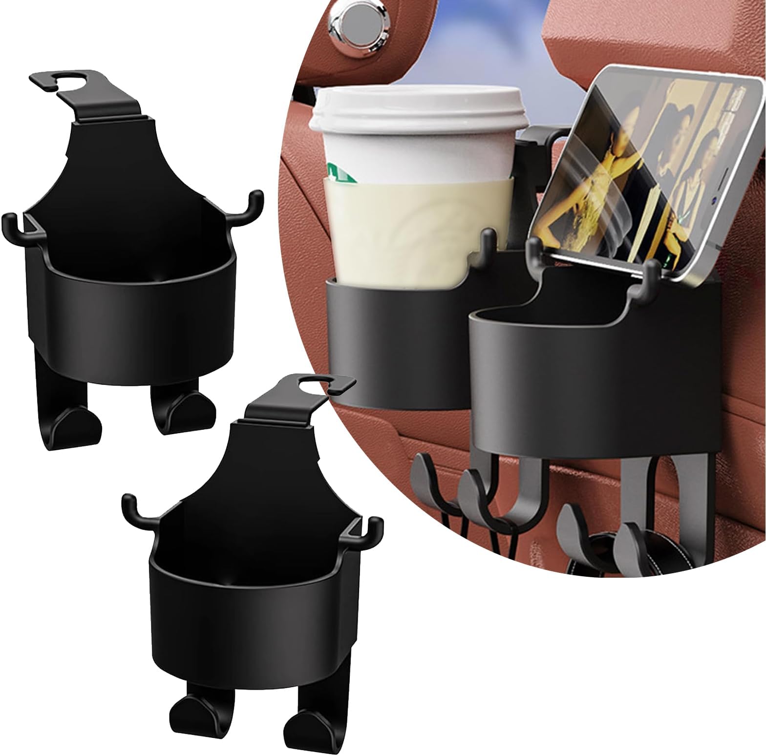 2 PCS Car Seat Headrest Multifunctional Hook, 3-in-1 Car Cup Holder Cell Phone Holder Suspension Storage Rack, Portable Dual Size Mounting Hook, Universal for Cars Headrest Organizer (Black)