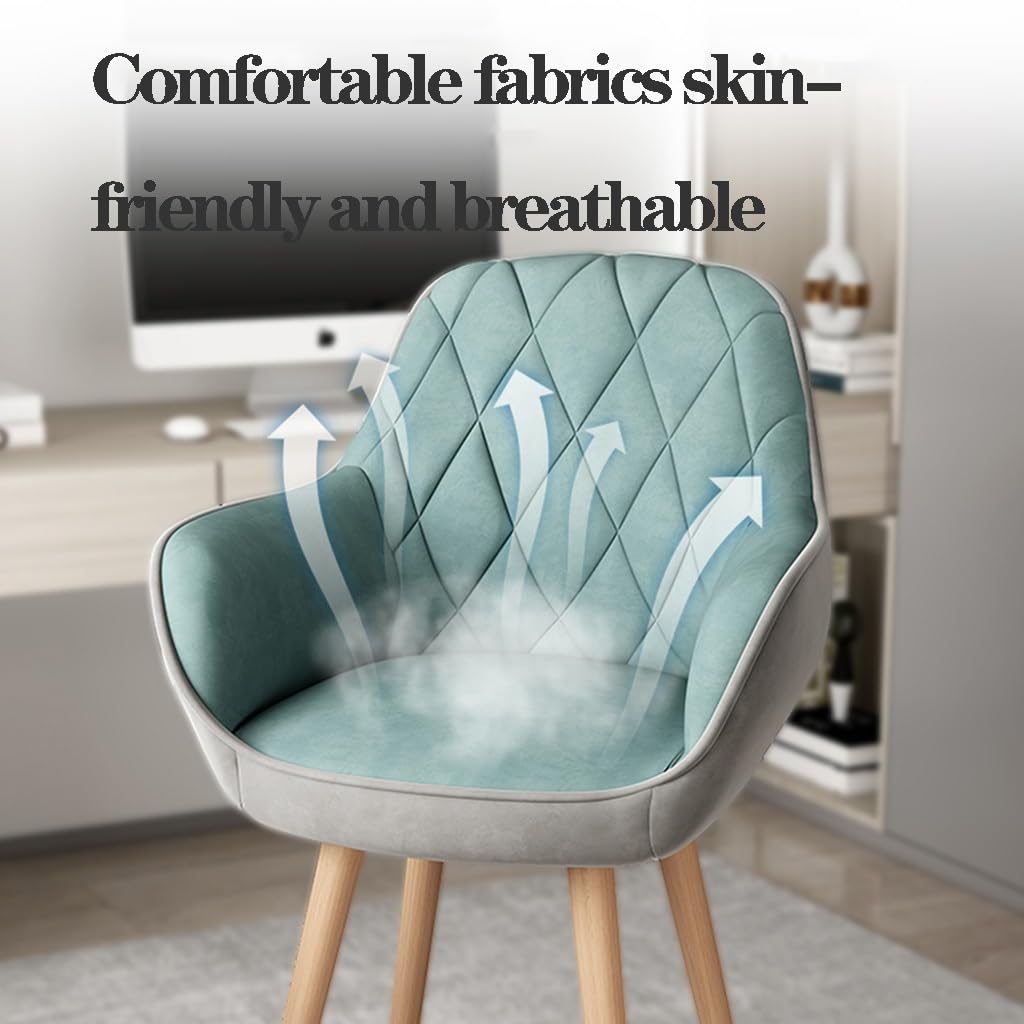 Poltrona girevole, sedia imbottita per sala da pranzo e ufficio, senza ruote, gambe in legno, elegante sedia per il trucco in tessuto blu per piccoli spazi