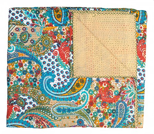 Multicolor Paisley Print King Size Kantha Quilt , Kantha Blanket, Bed Cover, King Kantha bedspread, Bohemian Bedding Kantha Size 90 Inch x 108 Inch by Marubhumi