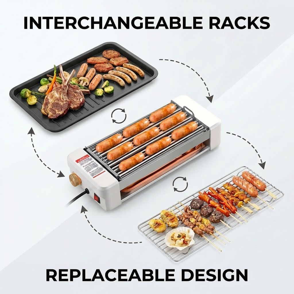Multifunctional Tabletop Sausage Grill, 5-Speed Temperature Control, Replaceable Grill Net & Pan & Sausage Rack, All-in-One for Camping/Party/Breakfast,white,Holiday Gifts
