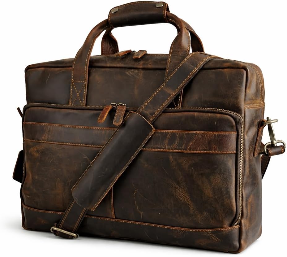 Full Grain Handcrafted 16” Leather Laptop Messenger Bag – Executive Office Briefcase with Thick Wide Shoulder Strap, Detachable Buckle & Spacious Compartments for Travel & Work