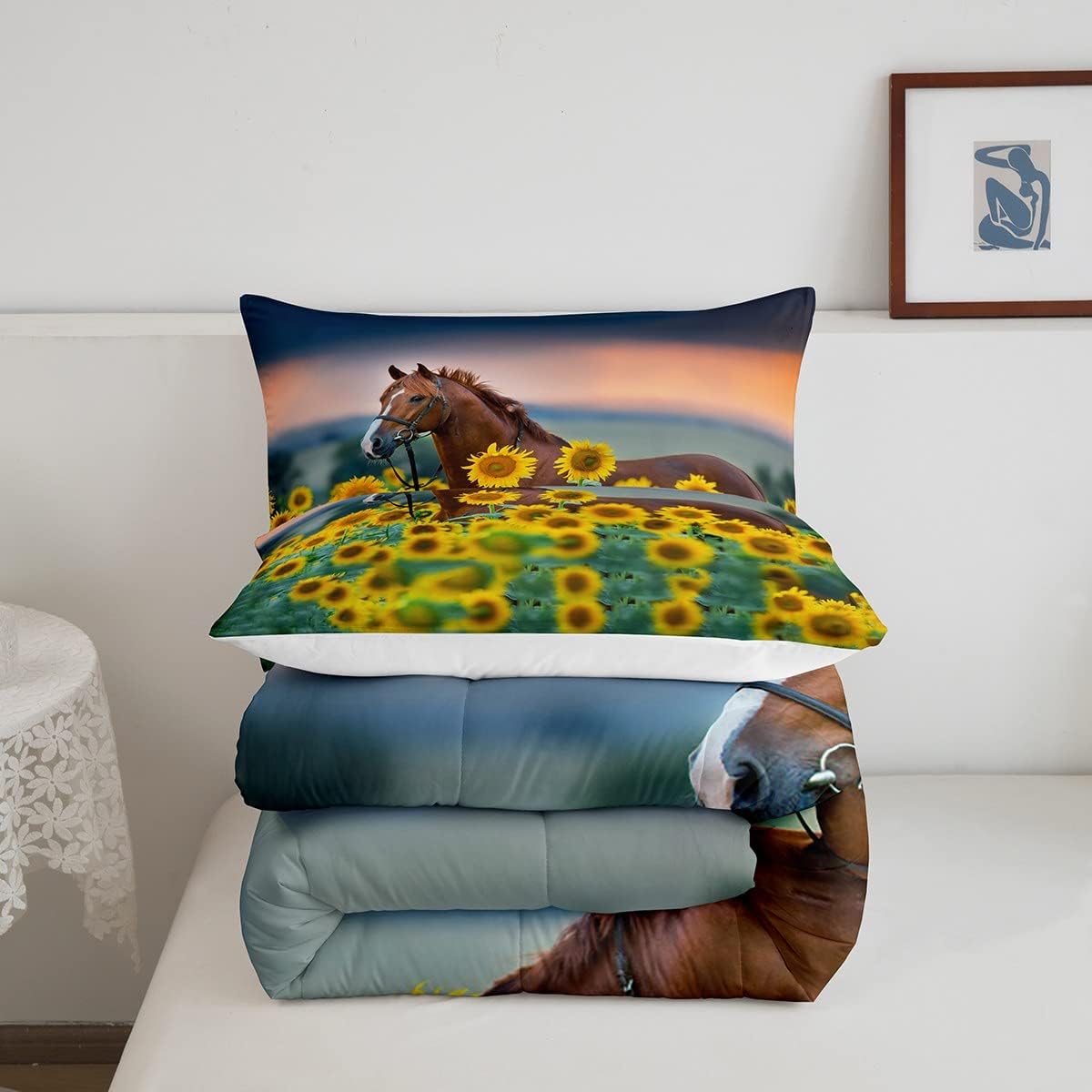 Feelyou Horse Comforter Set Sunflower Horse Print Bedding Set for Kids Adults Yellow Flowers Comforter Floral Botanical Farmhouse Decor Quilted Duvet Set Farm Animal Bedding with 2 Pillowcases Queen