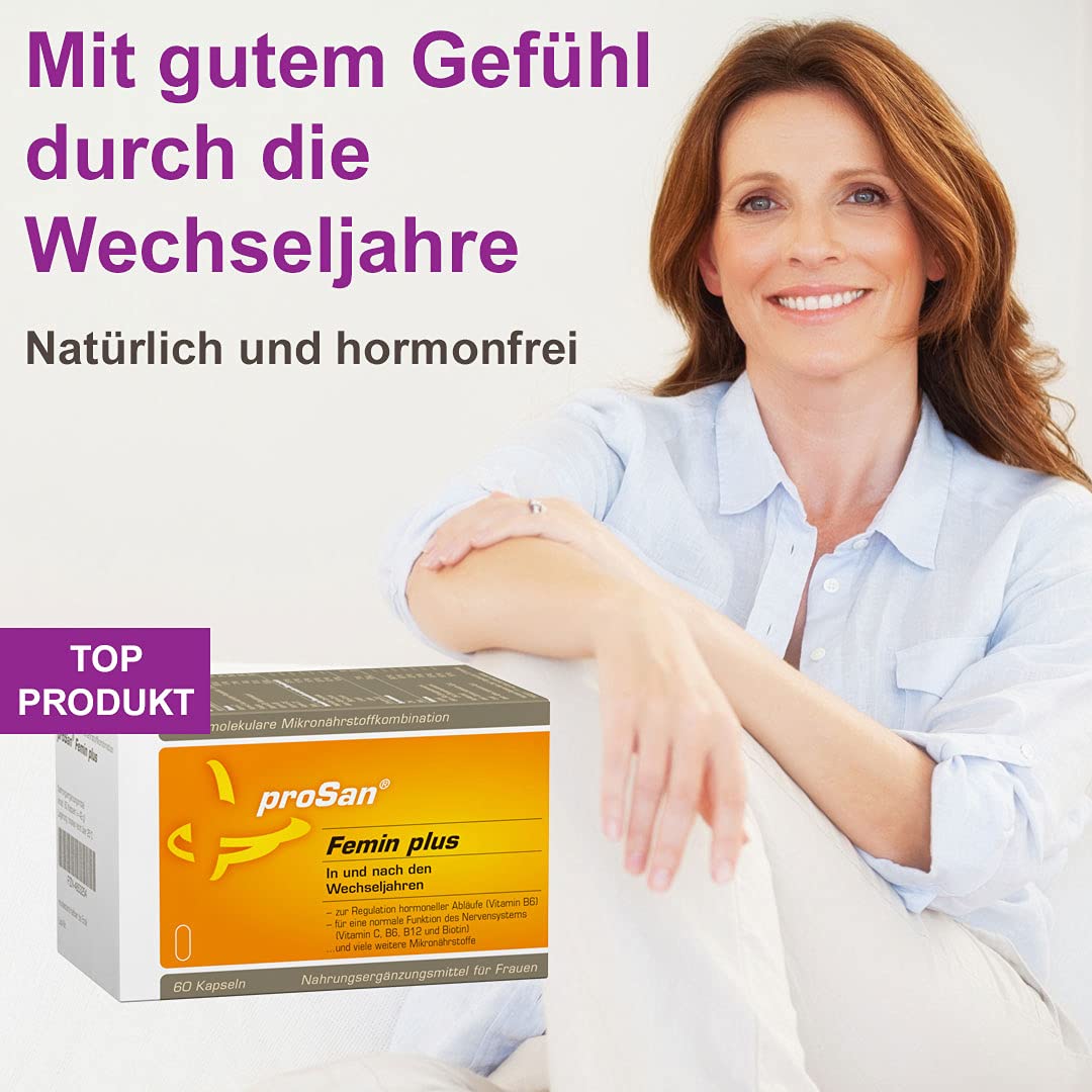 proSan Femin plus Wechseljahre Kapseln (Monatspackung: 60 Kapseln) | Pflanzlich & hormonfrei, Isoflavone & Lignane, Vitamine & Mineralien, Carotinoide & Coenzym Q10
