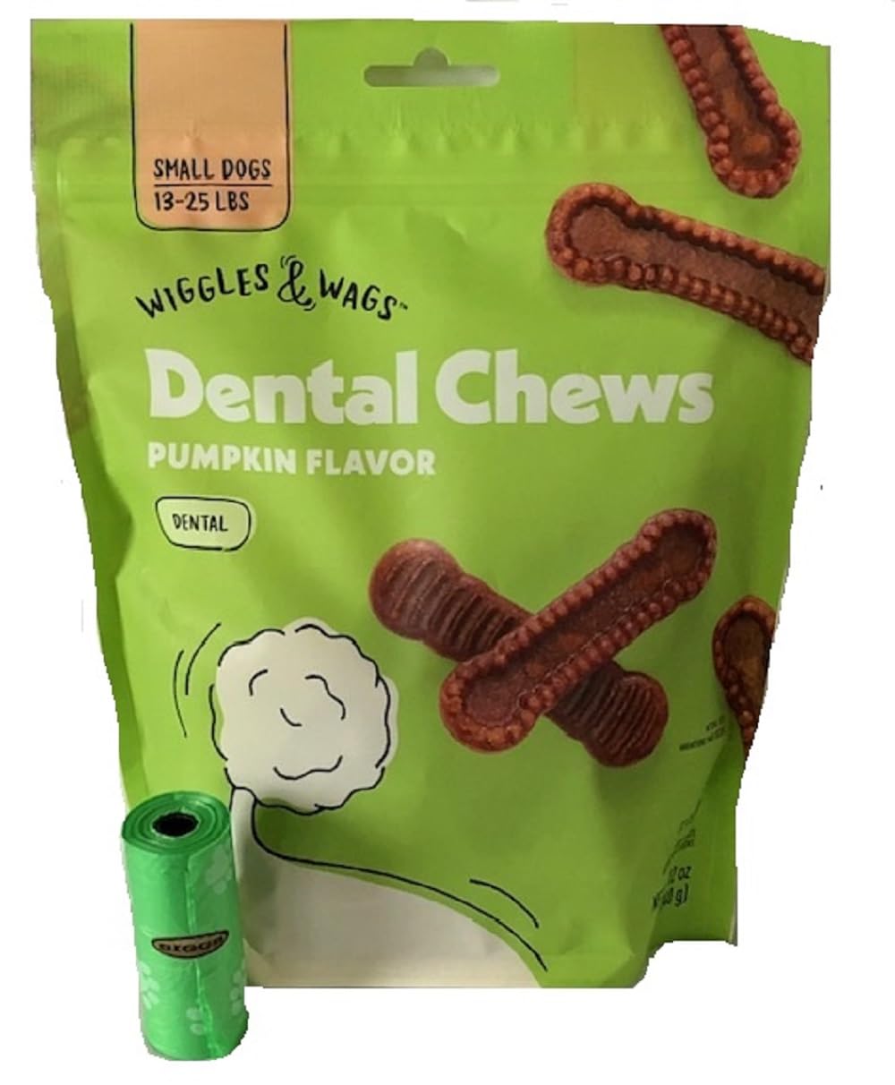 Wiggles & Wags Small Dogs 13-25 Pounds Dental Chews Pumpkin Flavor. One Twelve Ounce Bag Plus Biggs Dog Waste Roll.