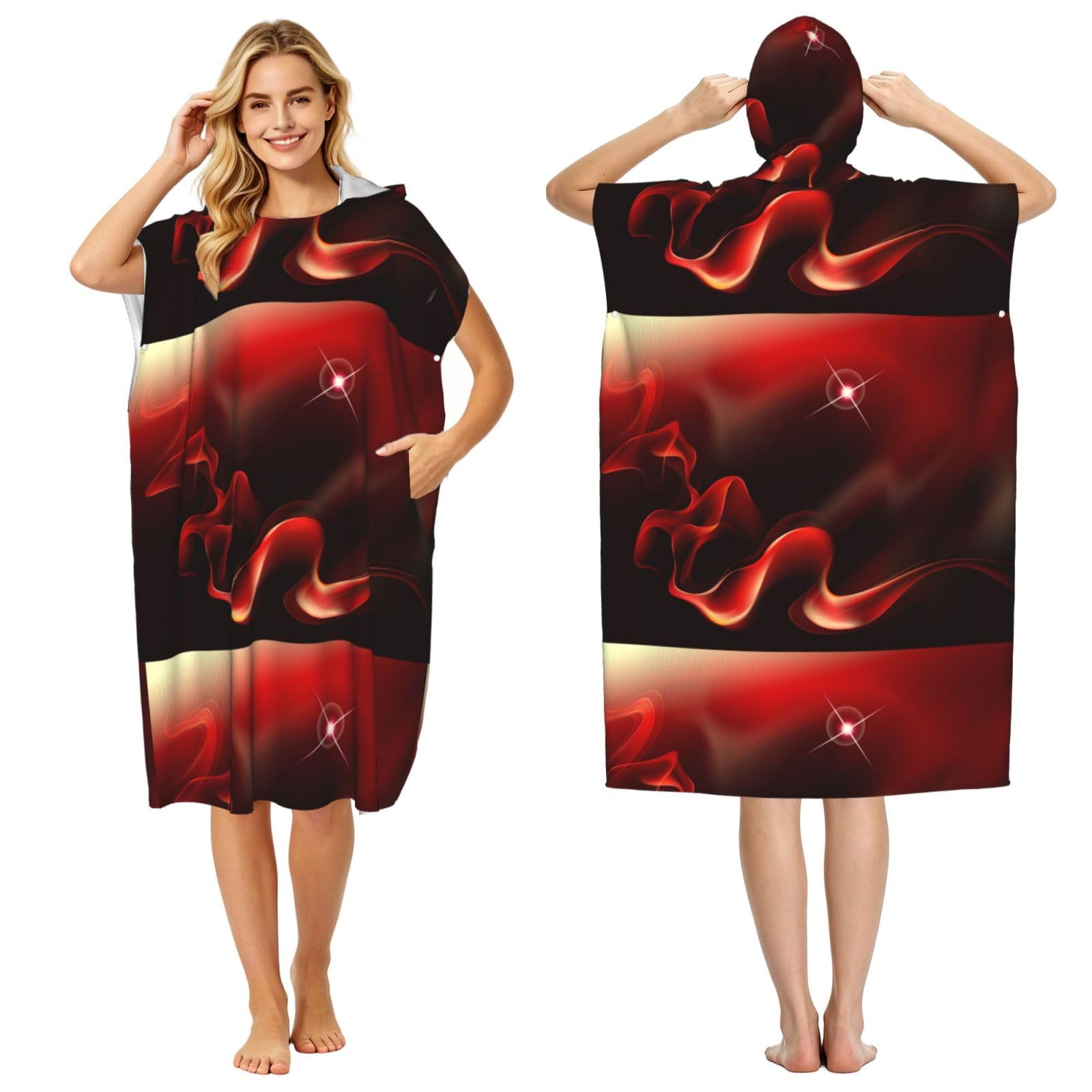 Poadnly Red Flame Printed, Adult Hooded Beach Towel 90 x 110 cm,Changing Bath Robe, Surf Poncho Towel For Women Men