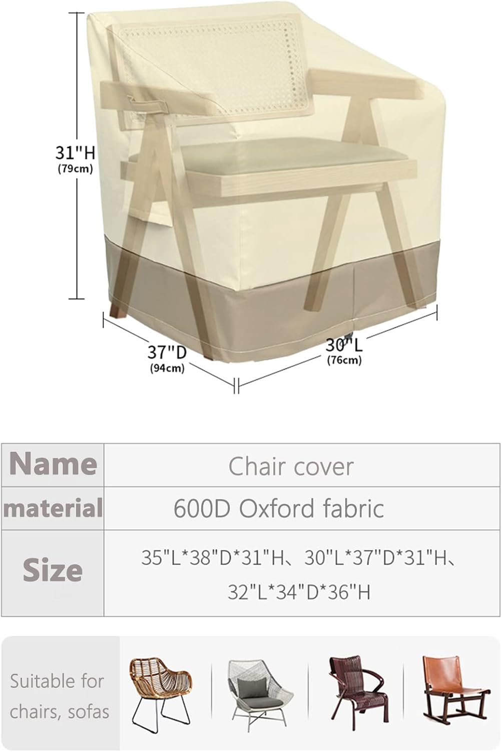 Garden Stacking Chair Covers, Waterproof for Outdoor Patio Chair Cover, 600D Oxford Fabric, Reclining Garden Deck Chair Covers for Patio & Outdoor Stacking/Reclining Singl(Size:89x96x78cm,Color:beige)