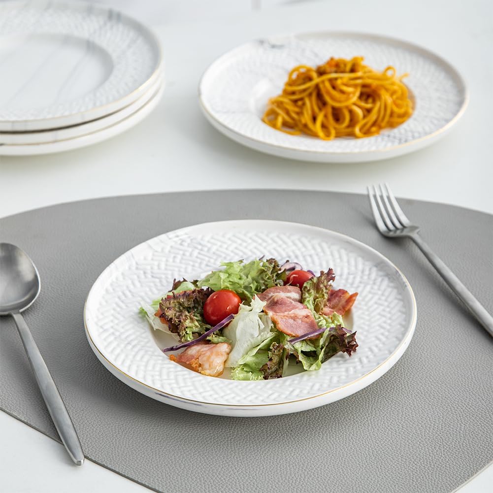 Ceramic Dinner Plates Set of 6, 8Inch Porcelain Dinner,Suitable For Steak, Pasta, Pizza, Home, Party,Oven, Dishwasher Safe, White,Bamboo Weaving Pattern