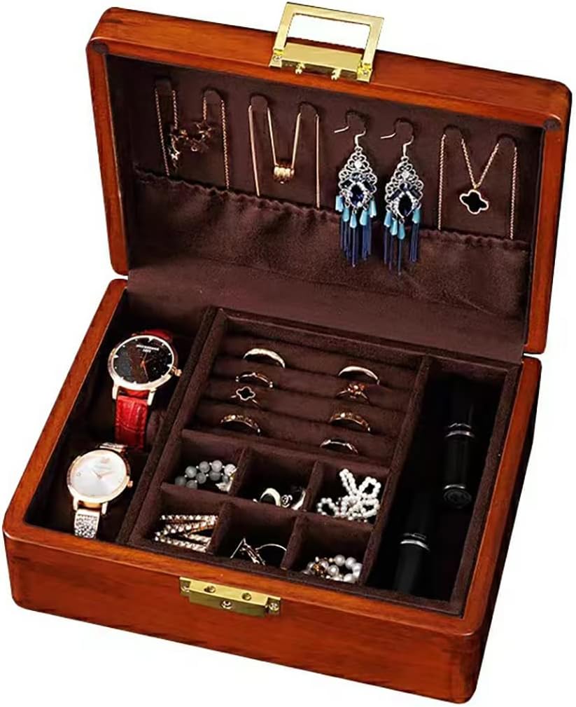 Bescott 2 Layer Solid Wooden Jewelry Box with Lock and Key for Women Men Vintage Velvet Wood Jewelry Organizer Storage for Earrings Rings Necklaces Bracelet Watch Mother’s Day Gift