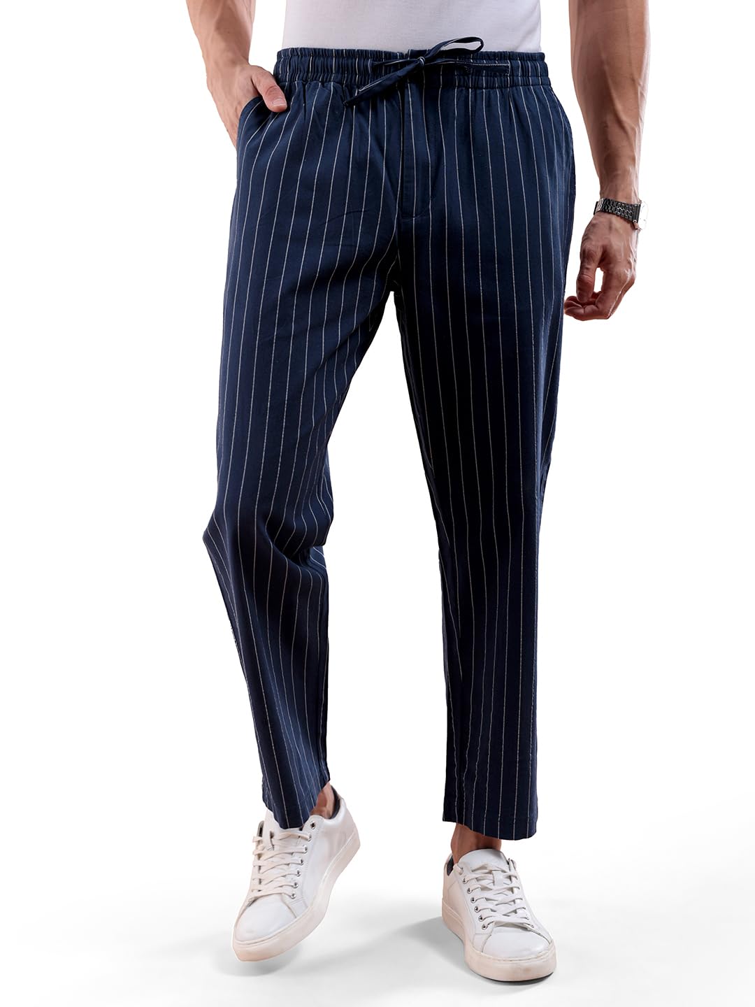 the indian garage co Men Mid Rise Regular Fit Striped Mid-Rise Elasticated Trousers-picture-36
