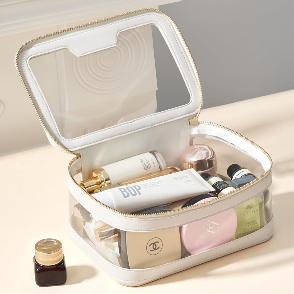Estuche de maquillaje transparente, bolsa de aseo multiusos, estuche de tren de maquillaje, organizador de cosméticos portátil, bolsa de almacenamiento transparente, Blanco1