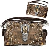 Justin West Western Brown Purse Tooled Laser Cut Floral Design Studs Rhinestone Buckle Concealed Carry Handbag With Trifold Wristlet Cross Body Strap Wallet Set (Brown Set)