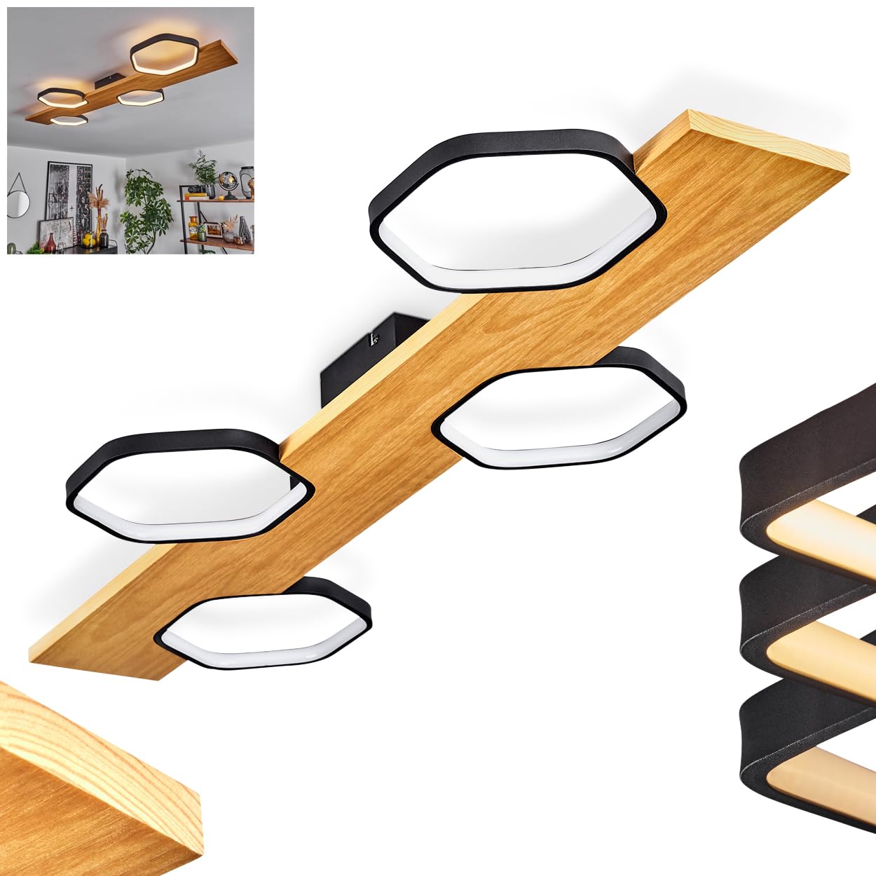 Arminda LED Ceiling Light, dimmable Made of Metal/Wood/Plastic in Black/Natural/White, Length: 110cm, 38 watts, 2650 lumens, 3000 Kelvin, 4-Light with Light Effect, dimmable via Light Switch