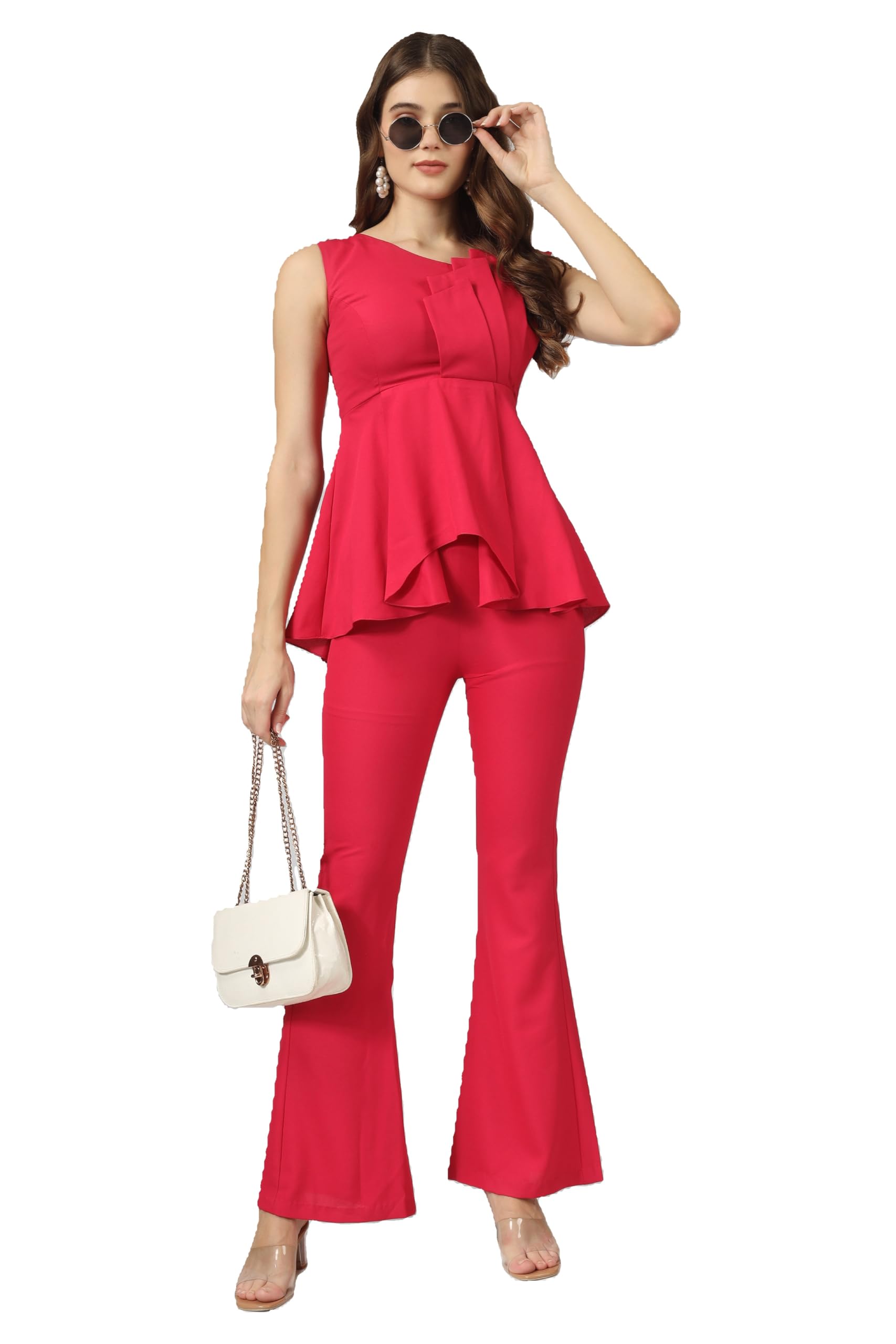 Women's Hot Pink Co-ord Set, Sleeveless Peplum Top with Pleated Detail and Bell Bottom Trousers-image-11