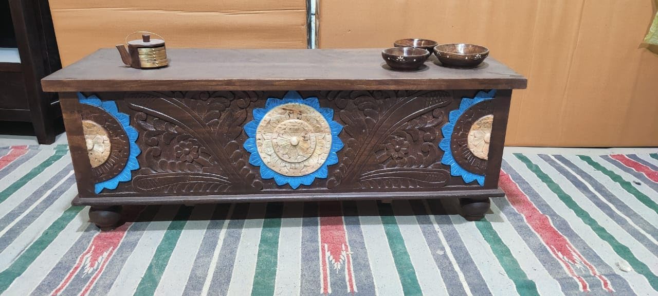 UMAR ARTS Solid Mango Wood Handcarved Storage Trunk Coffee Table with Storage | Wooden Center Table for Living Room & Bedroom | Vintage Handmade Chest | 120 x 40 x 45 cm-image-11