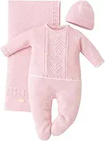 Saída Maternidade Bebê Tricô Luxo Rosa 3 Peças Macacão Manta Touca RN
