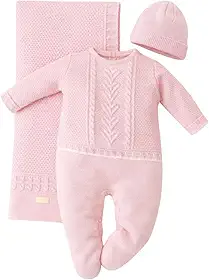 Saída Maternidade Bebê Tricô Luxo Rosa 3 Peças Macacão Manta Touca RN