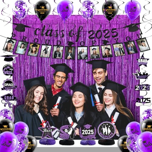 Image of FRAMICS Graduation Decorations 2025, Graduation Banner Class of 2025, Graduations Photo Banner, Tinsel Backdrop Curtains, Ballons & Streamers Kit, Graduations Party Decorations, 82 Pieces, Purple