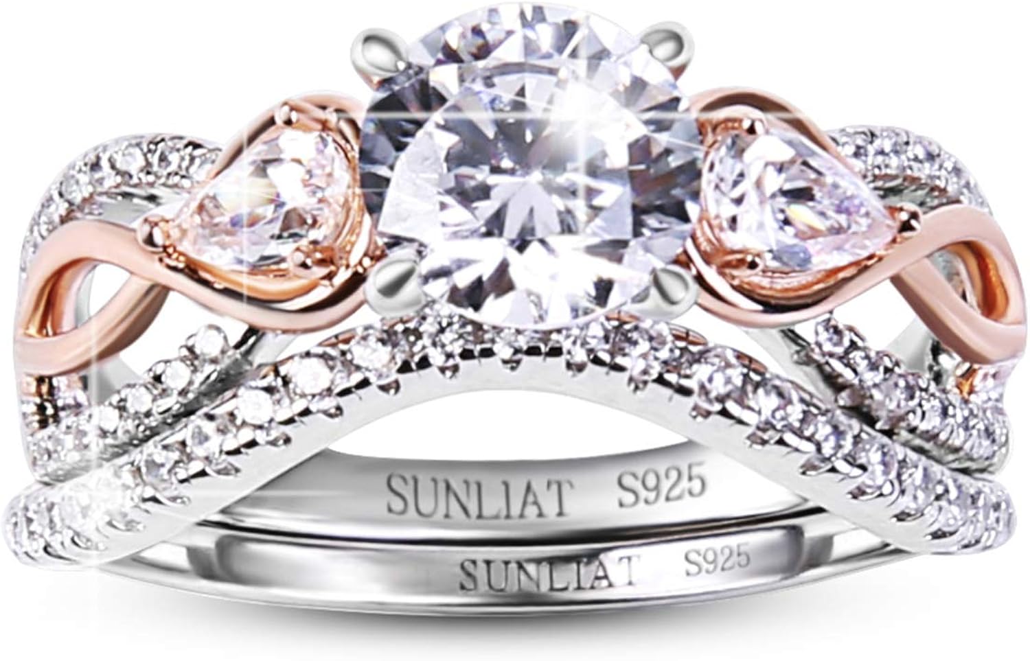 SUNLIAT Engagement Wedding Ring Set for Women,925 Silver Rose Gold Plated Three Stones Round and Pear Cubic Zirconia Bridal Rings Sets, Promise Rings for Her Anniversary Ring