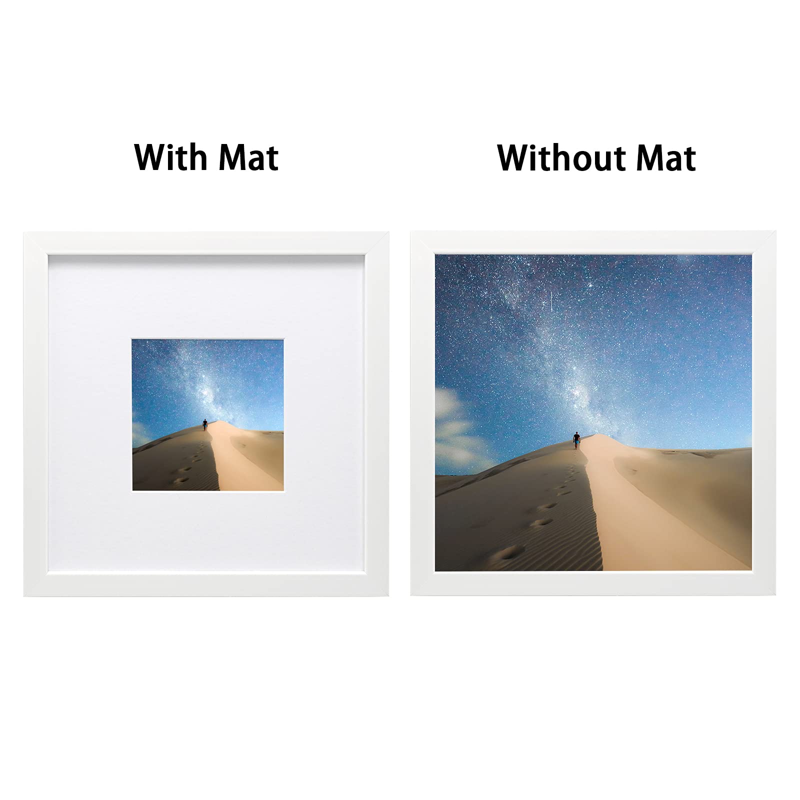 KINLINK 8x8 Picture Frames White, Photo Frames with Real Glass for Picture 4x4 with Mat or 8x8 without Mat, Composite Wood Picture Frames for Table Top and Wall Mounting, Set of 4